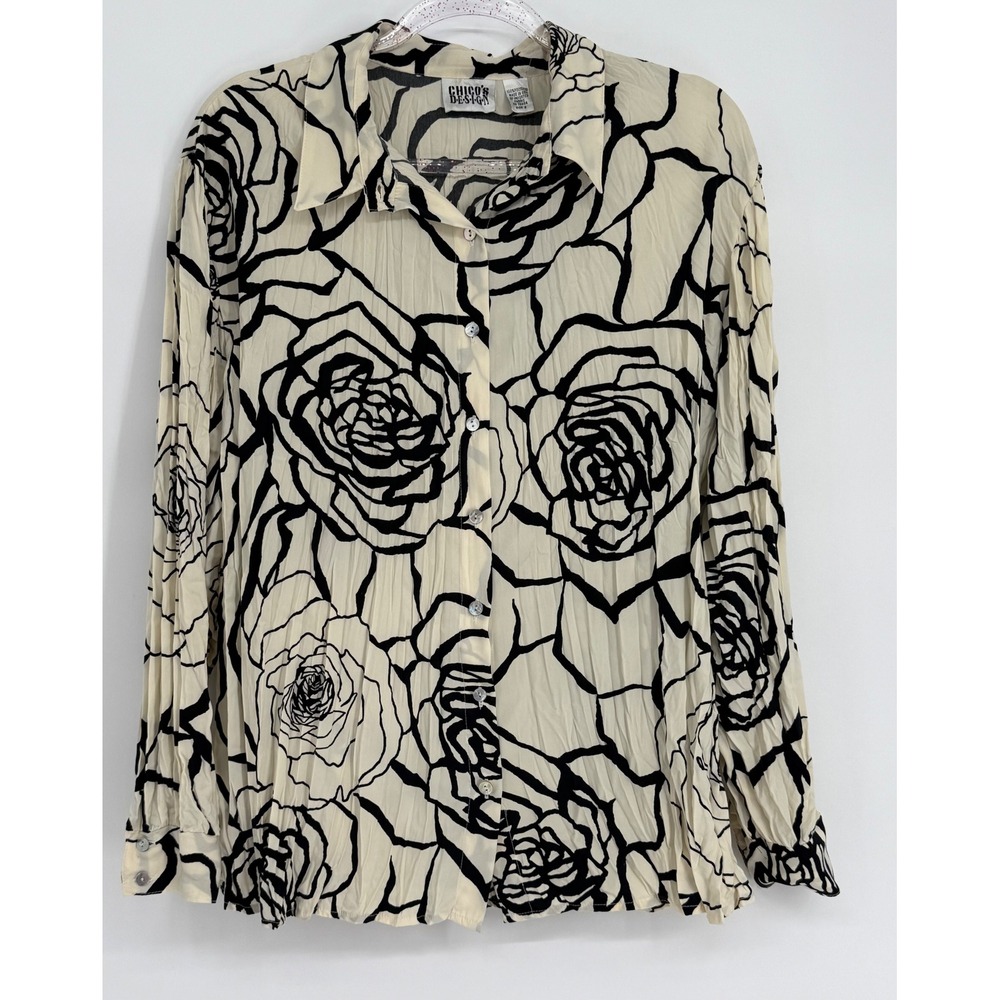 Chicos Design Womens Cream Black Rose Floral Crinkle Button Down Blouse Sz‎ 2/L